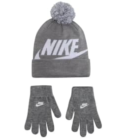 NIKE NIKE SWOOSH POM BEANIE & GLOVE SET - DK GREY HEATHER — (9a2695-042)