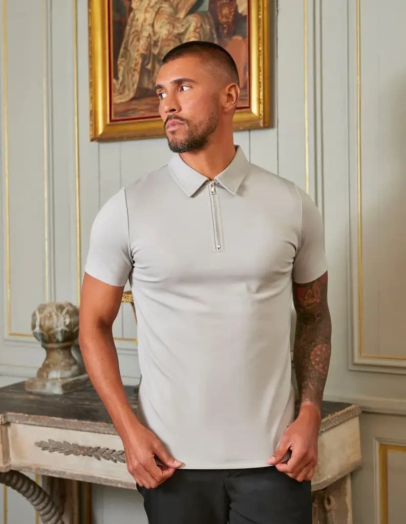 BELIER S/S PREMIUM ZIP POLO - PEBBLE — (bm266-pebble)