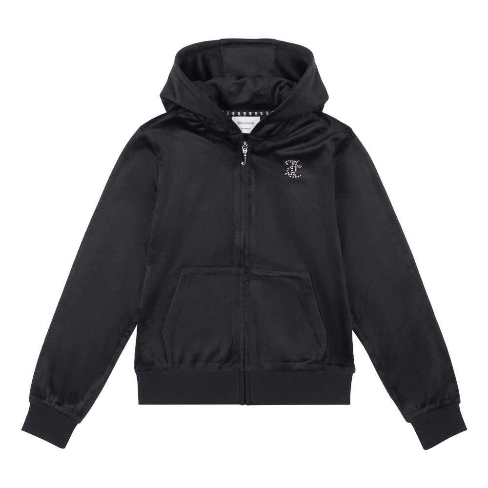 JUICY COUTURE Diamante Velour Zip Through Hoodie - Jet Black