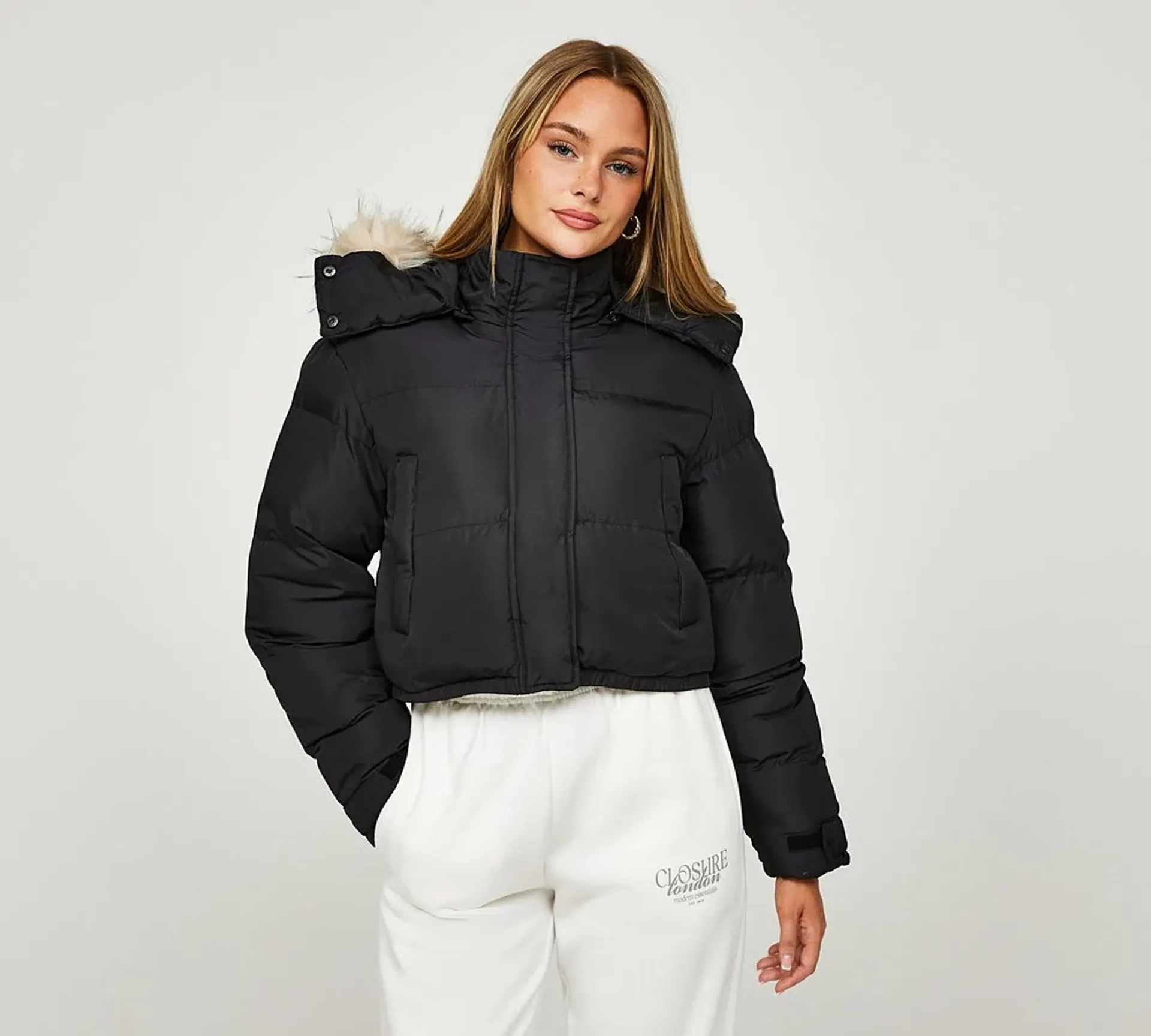 CLOSURE LONDON CROPPED FUR HOODED PUFFER JACKET - BLACK/LIGHT FUR