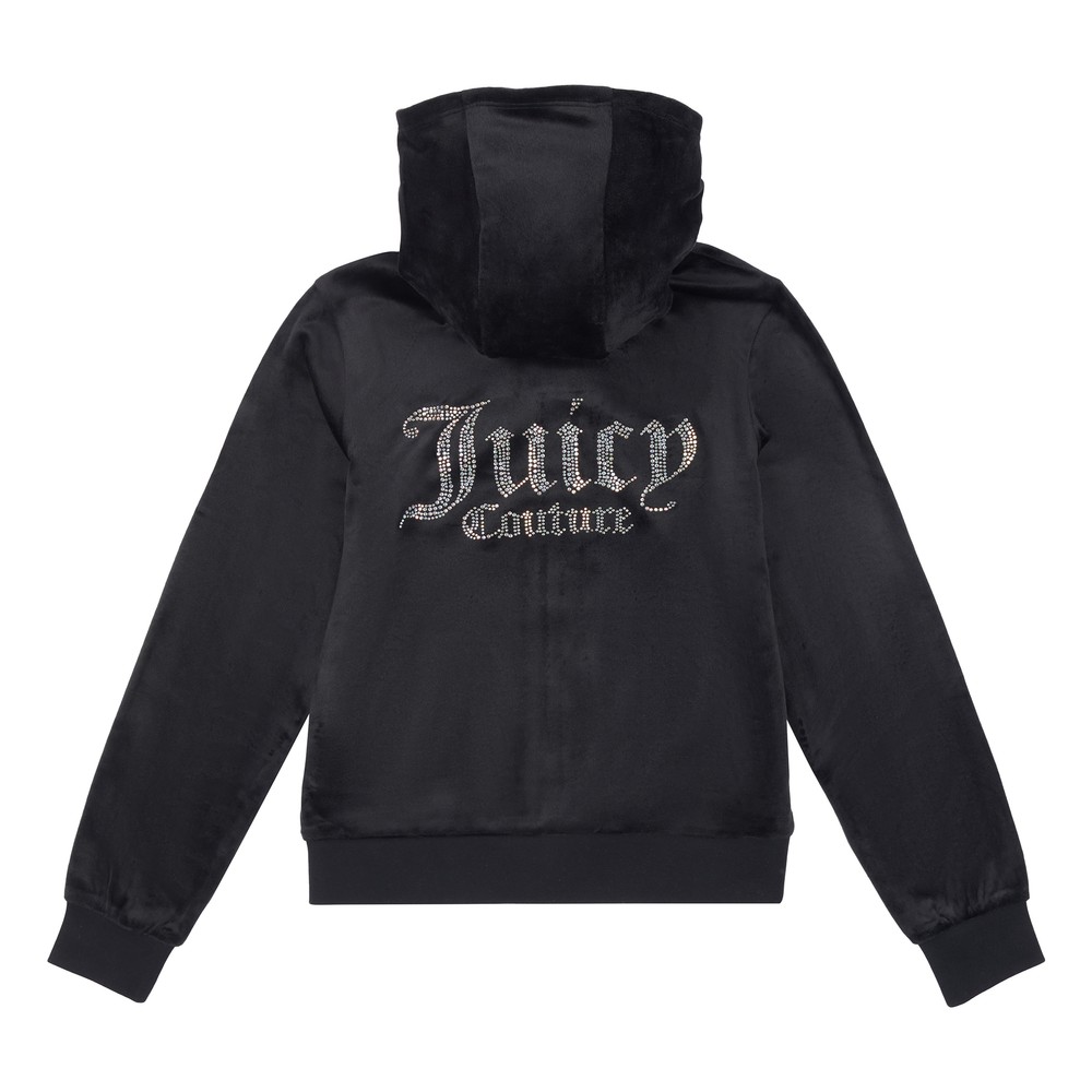 JUICY COUTURE Diamante Velour Zip Through Hoodie - Jet Black
