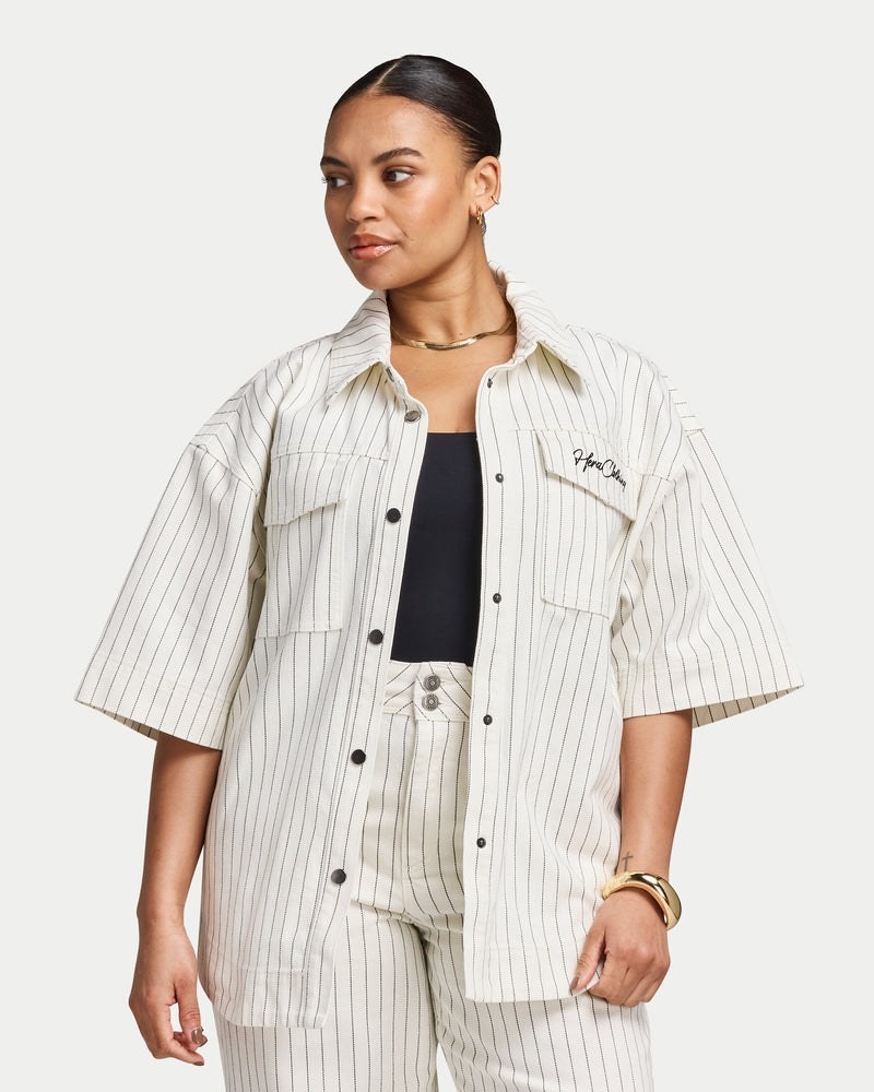 HERA WOMENS DENIM OVERSHIRT - ECRU/ BLACK STRIPE