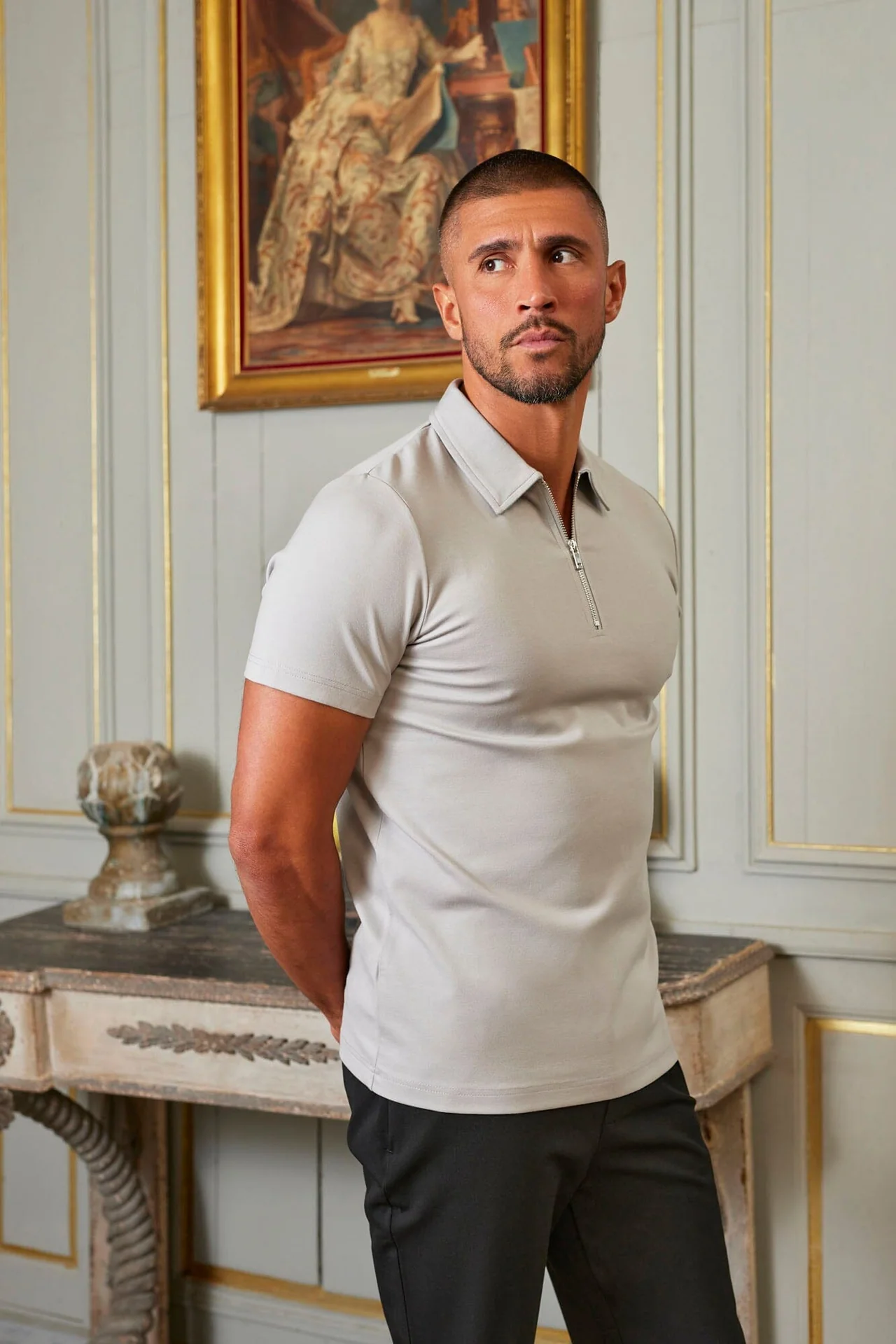 BELIER S/S PREMIUM ZIP POLO - PEBBLE