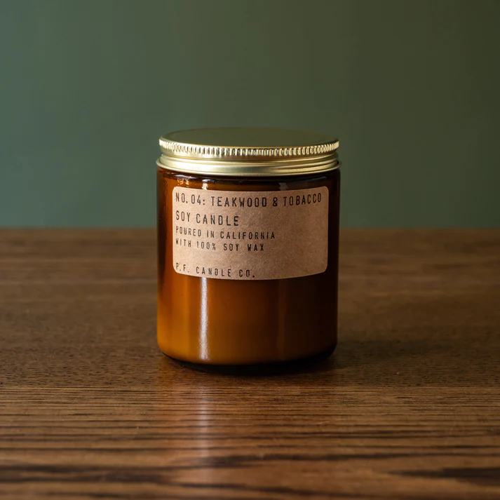 P.F. CANDLE CO NO.04 TEAKWOOD & TOBACCO 7.2 OZ SOY CANDLE - BROWN