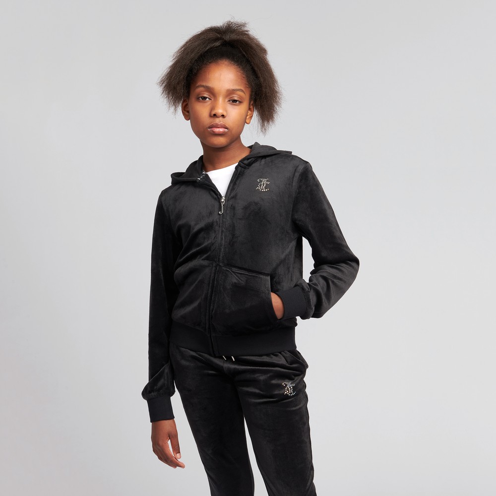 JUICY COUTURE Diamante Velour Zip Through Hoodie - Jet Black